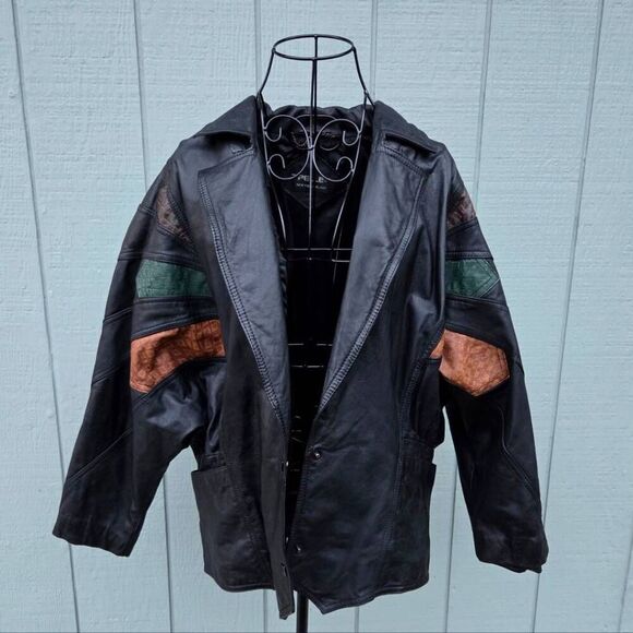 80s-90s Pelle Mens Vintage Premium Leather Jacket w/ Colorful Accents. Large - Picture 1 of 11